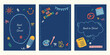 © Wirawan - A collection of vertical background templates for Back to School theme. Featuring cute and colorful hand-drawn of school supplies like pencil, palette, notebook, ruler, and stars.