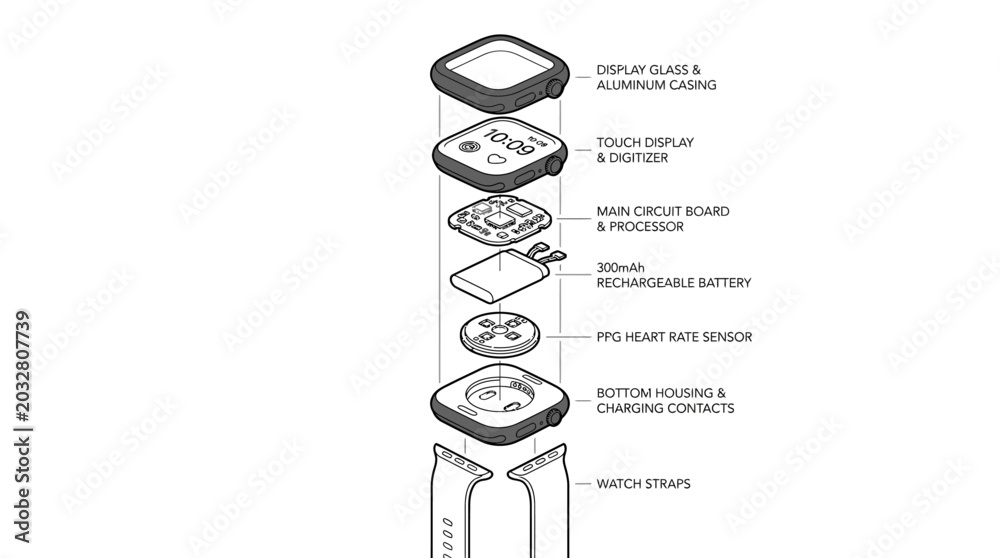 Exploded view diagram of a modern smartwatch showing internal ...