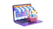 © ana - Vector illustration of 3d render of a laptop showing an online store with shopping bags and coins on a transparent background