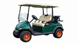 Green golf cart with orange wheels and beige seats, symbolizing compact design, passenger transport, and functional utility for golf courses.