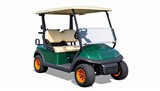Green golf cart with orange wheels and beige seats, symbolizing compact design, passenger transport, and functional utility for golf courses.