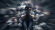 © suryastudio - Profound despair engulfs a man holding his head, the surrounding world a frantic blur, reflecting intense stress and emotional breakdown