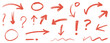 © Joba Vector Studio - Red Hand-Drawn Arrows and Symbols. A collection of sketchy red arrows, question marks, exclamation points, circles, and wavy lines. graphic design element, communication symbol, direction indicator.