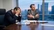 © Primex Legacy - Business partners in conflict at office table showing failed negotiations, contract dispute, workplace stress, and breakdown of partnership with visible frustration and disagreement