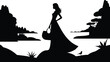 © Zakir Ali - Silhouette of a woman in a long dress carrying a bag, landscape with mountains and elegant  and minimalist and stylized art in outline style
