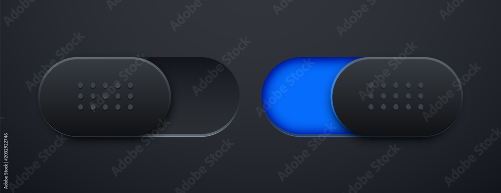 Modern dark mode toggle switches with blue glowing activation. UI ...
