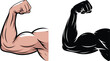 © Yesrath Hasan Sobuj - Strong muscular bicep flexed arm vector illustration with black silhouette version for gym fitness and bodybuilding logo design