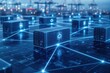 © TransPicHub - A futuristic depiction of a smart logistics network with interconnected shipping containers on a digital grid, symbolizing global supply chain technology and data management.