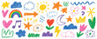 ©    - Chalk preschool doodles vector, cute kindergarten crayon drawings, hand drawn daycare icons, childish scribble rainbow, stars, flower and crown, playful sketch style.