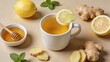 © ERWIN - A warm cup of ginger tea with lemon slices and honey on a table