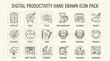 © craftsby.ib - Digital productivity hand drawn icon pack featuring business workflow management symbols and time tracking elements for efficient professional planning and goal achievement set on a clean minimalist
