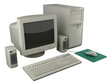 © D Graphics - Retro 90s desktop computer setup with CRT monitor, tower case, keyboard, mouse and speakers, half turn view