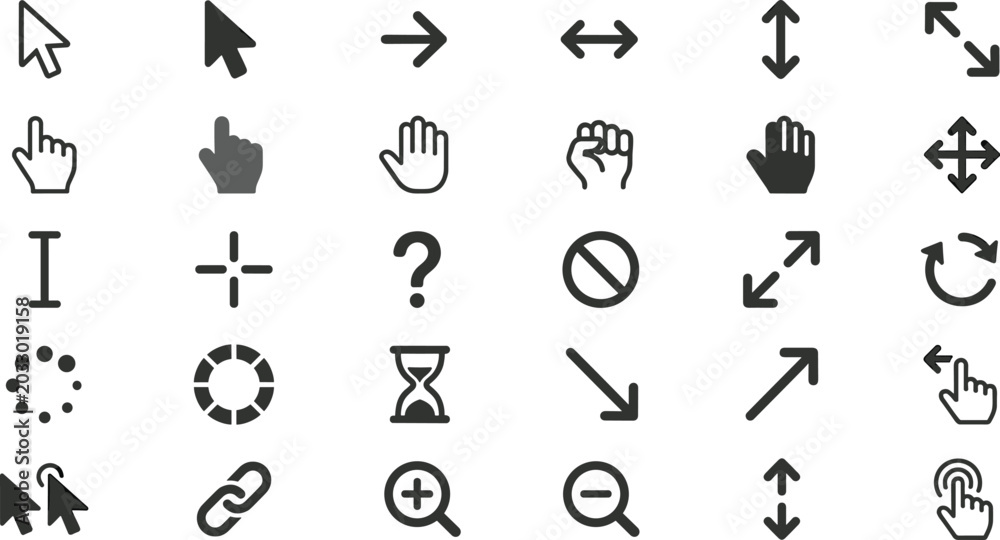 Computer Mouse Cursor and Pointer Icon Set featuring Arrow Click Hand ...