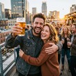 © utaem2022 - Couple Celebrating with Beer on Urban Rooftop at Golden Hour