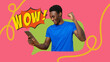 © fotofabrika - Person shows excitement while looking at a tablet in a colorful setting with bold graphics