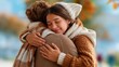 © Pinklife - A heartwarming scene of two people embracing in a tranquil outdoor setting filled with autumn colors, symbolizing warmth, love, and connection during the beautiful fall season.