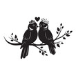 © Zulfa - Black bird silhouette vector with crowns and heart on leafy branch for romantic wedding and anniversary invitation design