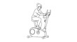 © Julia vector & video - Line drawing of a senior woman exercising on a stationary bike, wearing casual workout attire, set against a minimalist white background, exercise