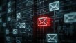© Nikita - Glowing red email icon on digital interface screen. Virtual display of electronic mail messaging system. Cyber security and internet communication technology for global data connection.