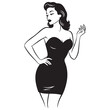 © Zulfa - Pin-up woman vector illustration in black strapless dress with retro style line art for fashion and beauty branding
