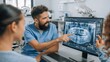 © Generative AI - Dentist Explaining Dental X-ray Results on Computer Screen to Patient in Modern Clinic
