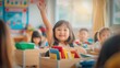 © Generative AI - Happy Asian schoolgirl raising hand enthusiastically in a bright, sunlit classroom environment