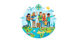 © Bashir - Group of diverse international tourists standing on top of the world map.