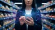 © Olga Ко - Smart, high tech retail concept of augmented reality and IoT during grocery shopping. Woman using smartphone with futuristic digital network hologram in supermarket