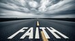 © Haikal - The word Faith emblazoned on a straight asphalt road stretching towards a dramatic, overcast sky