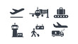 © Yonanda - Professional airport service icon set featuring airplane takeoff baggage carousel control tower and passenger boarding signs