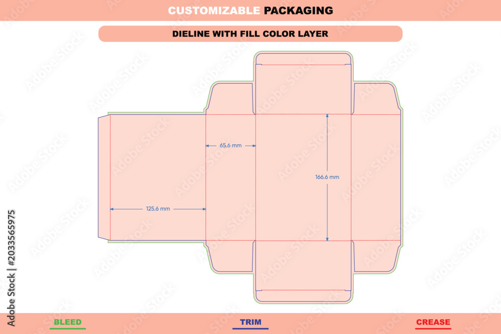 Creasing Line Box Tuck end box dieline template with fill color layer, featuring labeled ...