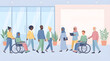 © Rola - Professional and Inclusive business casual illustration. Diverse coworkers, including wheelchair users, walk through a modern office hallway