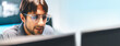 © dodotone - Close-up latin man tech engineering programmer eyeglasses with reflections computer machine learning code on the lenses