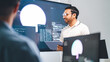 © dodotone - Adult indian engineer programmer presentation coding AI artificial intelligence algorithm coder training monitor developer expertise programming IT technology career