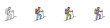 © VisionaryFrames - Mountain trekking hiker and outdoor adventure icon set. Vector illustration of linear and flat color backpacker characters with hiking poles climbing hills for wanderlust tourism symbols.