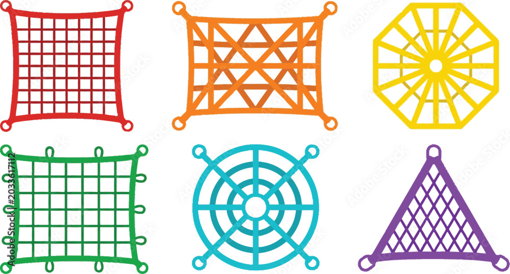 Set of colorful geometric net patterns including square circular ...