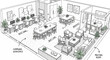 © hidayati - Modern Office Interior Layout Isometric Sketch. Detailed Architectural Drawing Showcasing Diverse Work Zones, Meeting Rooms, and Collaborative Spaces for Business Environments