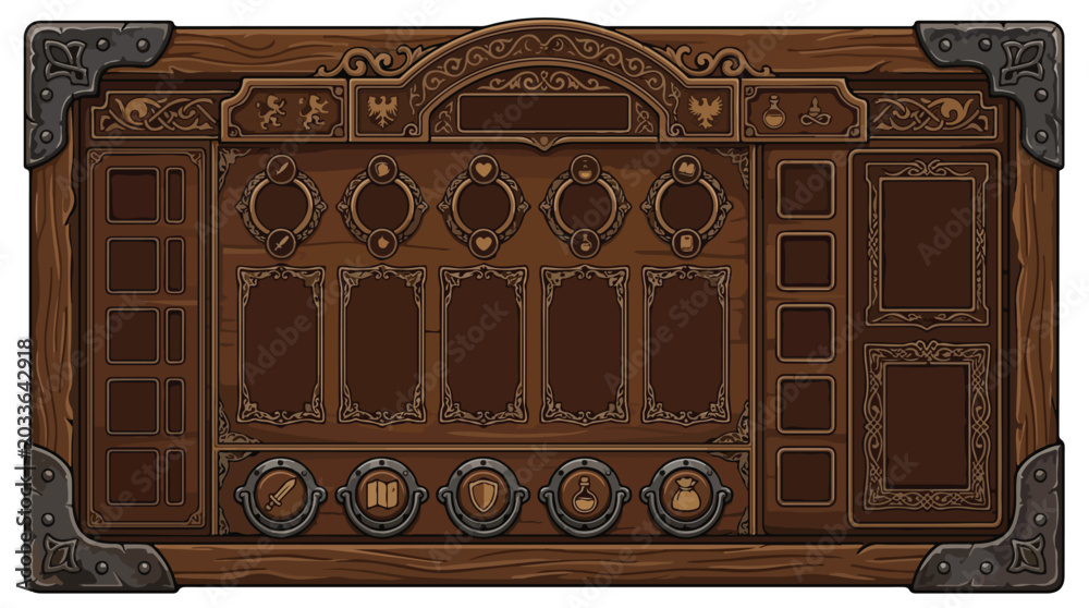 Rpg Inventory Ui Frame Fantasy RPG game UI wooden board, medieval quest menu interface with ...