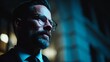 © Stanislau - Man standing in dark city setting at night with focused expression and eyeglasses looking into the distance