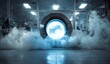 © AndiAzis - Large cylindrical metal tube with glowing blue interior emitting vibrant light and surrounded by dense fog in a high-tech industrial environment