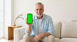 © insan - Senior Man Showing Blank Green Screen Smartphone While Sitting On Minimalist Room