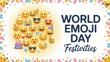 © SAYEM - World emoji day celebration banner with cute yellow emoticon faces, birthday cake and festive border