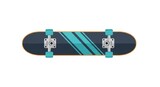 Modern skateboard deck featuring cyan wheels and blue stripes