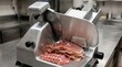 © StocksJust4You - Stainless steel meat slicer in commercial kitchen, thi meat slices resting beside blade, detailed food preparation scene, professional culinary equipment