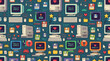 © Maftuh - Flat vector retro computer seamless pattern, old monitors, floppy disks and pixel icons, colorful nostalgic technology illustration