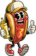 © Galih - Hand-drawn full-body hot dog mascot wearing a baseball cap, holding mustard and giving a thumbs-up while walking, isolated on white for fast food and concession branding
