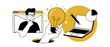 © Fernando - Business idea lightbulb concept illustration showing creative man thinking next to laptop and data analytics chart representing smart project planning, launching startup and digital marketing strategy