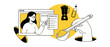 © Fernando - Online grocery shopping virtual cooking class illustration with woman pointing at digital list and hand holding spoon next to blender in minimalist yellow line art style for healthy meal planning diet