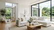 © Влада Яковенко - White living room interior with white sofa and coffee table, clean minimalist home design for architecture, real estate, furniture and luxury lifestyle visuals, bright open space, elegant styling,