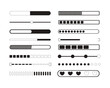 © IMGvisualsCharacters - Progress bar and loading modern black and white UI element set. Segmented trackers. Processing status indicators. Isolated monochrome vector interface component pack for app design in minimal style